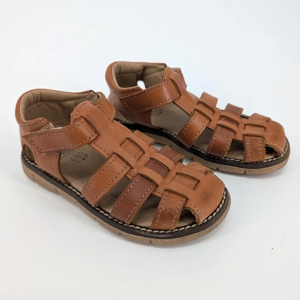 PK Power Kids Leather Fisherman Sandals Tan Woven Cage‎ Shoes Size 8.5-9.5